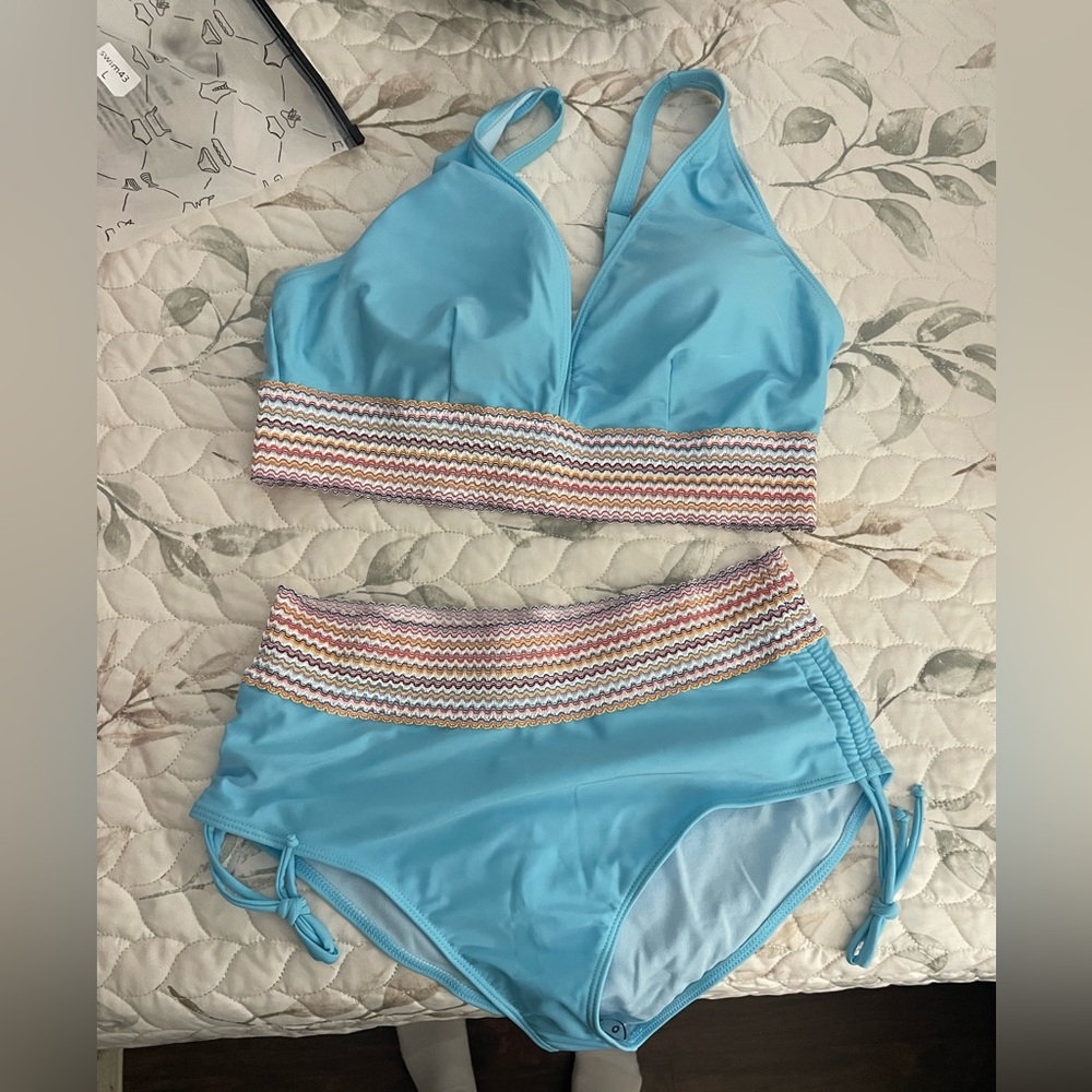 Blue Two-Piece Swimsuit with Multicolor Waistband